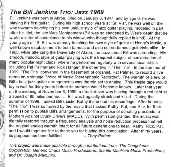 The Bill Jenkins Trio, Jazz 1969 Album insert (Legacy Recordings).