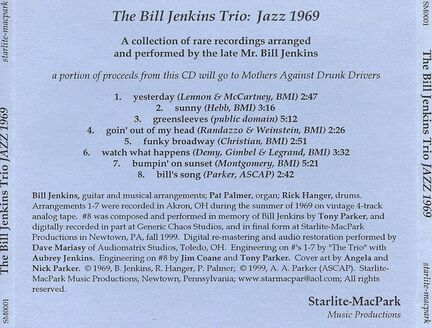 The Bill Jenkins Trio, Jazz 1969 Album tray insert (Legacy Recordings).