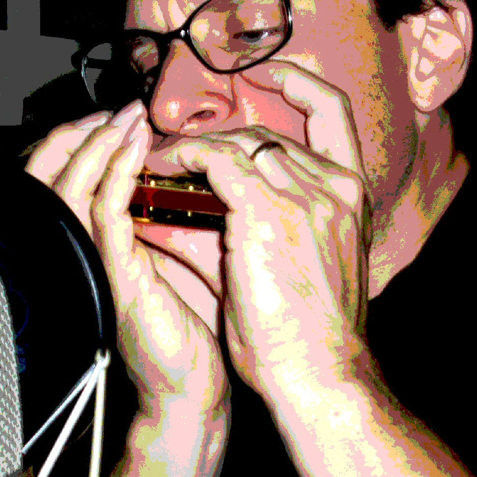 In addition to guitar, bass, and piano, Tony Parker performs with harmonica during a recording session.